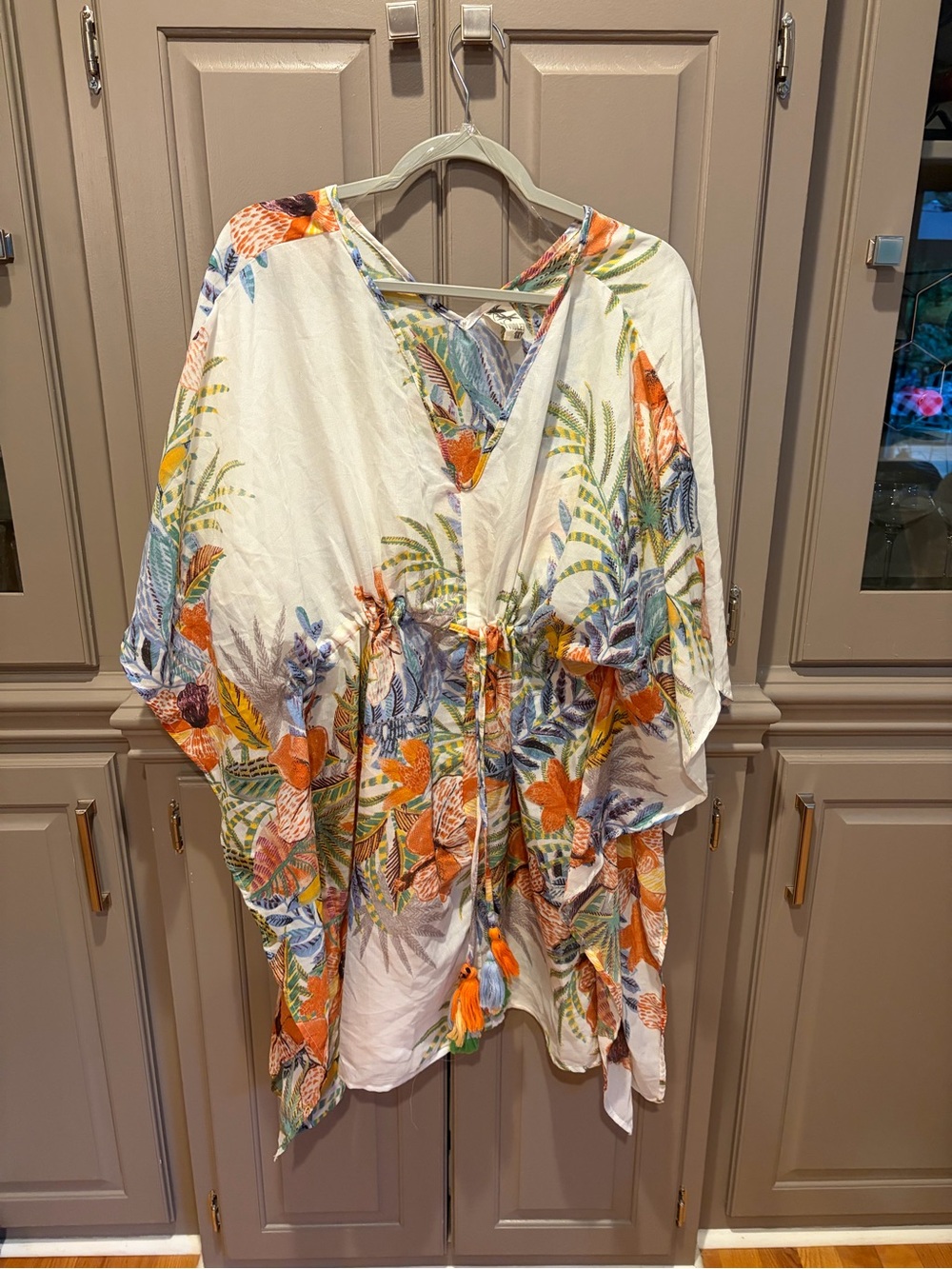 Violet Kay White Floral Tie-Front Kaftan with Orange & Blue Accents